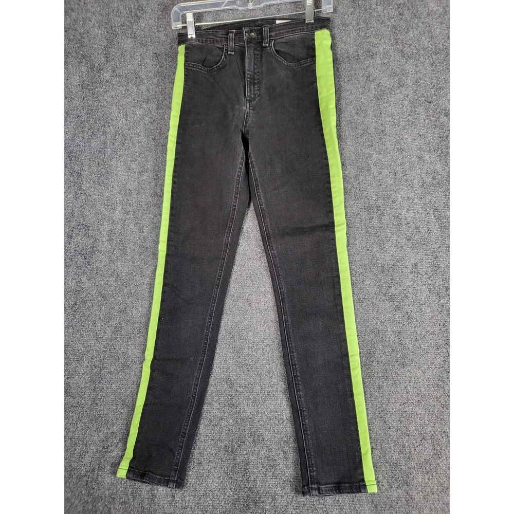 Rag & Bone High Rise Skinny Jeans Women Sz 27 Dark Gray Neon Green Stripe Denim